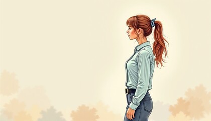 Young female job candidate with hair tied back standing with slight bow on muted beige background