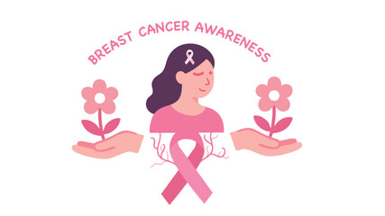 Woman smiling with flowers and pink ribbon awareness design