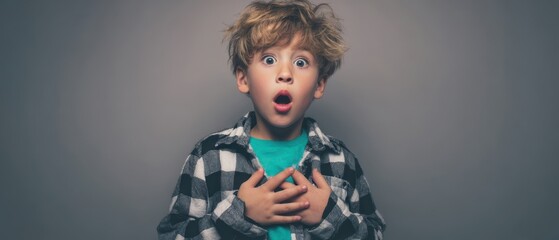 The surprised boy showing astonishment with playful expression in a studio setting.