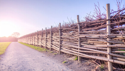 &bdquo;wildlife garden dead hedge (Benjeshecke) built from branches and twigs, spring greenery, subtle bokeh, natural colors, copy space&ldquo; &bull; &bdquo;autumn scene of dead-wood hedge along meadow, misty morning, dew,