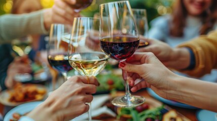 Outdoor autumn dinner party with friends clinking wine glasses, table filled with festive seasonal dishes, warm gathering atmosphere, and close-up celebration with red and white wine