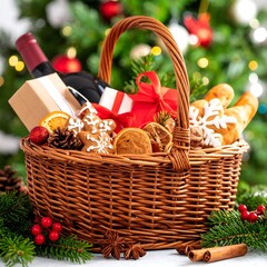 Festive wicker basket filled with holiday treats and gifts