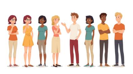 "Create an illustration of a group of eight diverse cartoon characters, each with unique clothing and poses, standing in a row. The characters should be positioned similarly to the provided image, wit