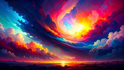 Vibrant sky scene with swirling clouds and sunset
