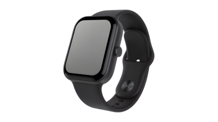 Sleek black smartwatch isolated on transparent background, a modern wearable technology device