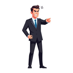 Angry Business Man: A stern man, impeccably dressed in a tailored suit, embodies the intensity of anger and disapproval with a pointed gesture and fierce expression.