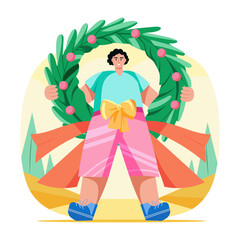 A flat style illustration showing a person with wreath