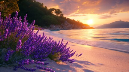 A sandy beach with a patch of purple lavender flowers swaying gently in the breeze 