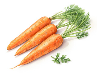 Freshly harvested organic carrots with vibrant green tops on a clean white background