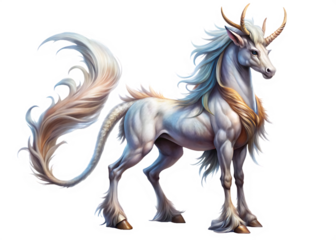 White winged unicorn with goat horns and blue mane on pegasus mythical creature isolated on a transparent background