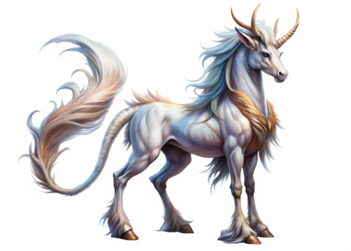 White winged unicorn with goat horns and blue mane on pegasus mythical creature isolated on a transparent background
