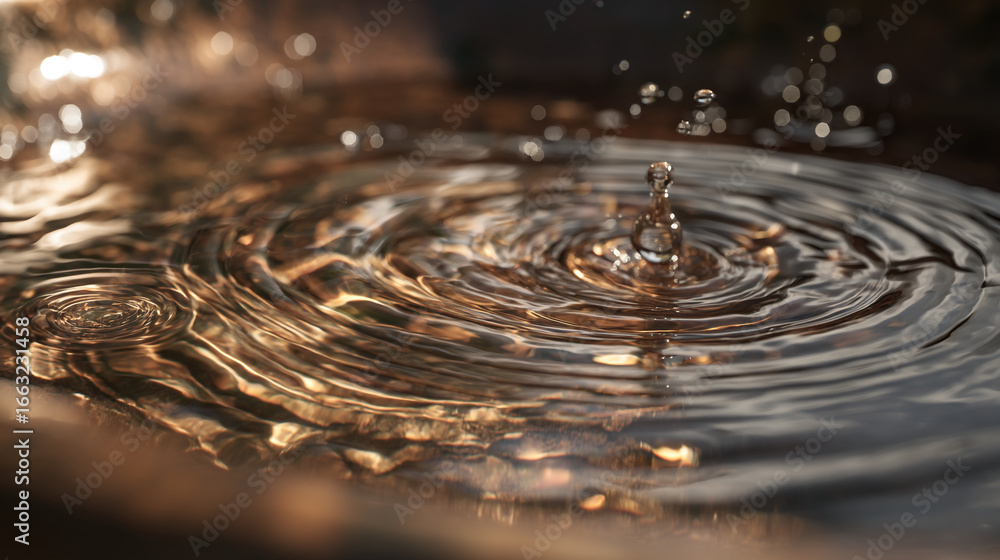 Poster water droplet creating ripples in a pool of liquid with blurred background elements