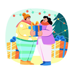 Flat illustration showing a character giving gift to her friend