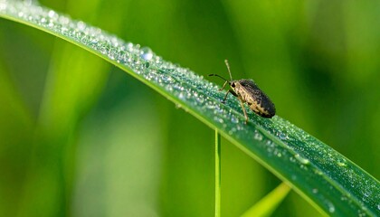 Fototapeta premium Extreme macro shot of tiny insect covered in sparkling morning dew on green leaf, soft diffused sunlight, delicate textures, shallow depth of field, photorealistic high-detail nature photography