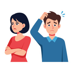 Frustration & Disagreement: Two people, a woman and a man, stand side-by-side, the woman wearing an angry expression while the man appears confused.