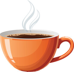 A steaming cup of dark coffee, presented in an orange mug, with white interior, against a white background.