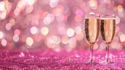 Elegant champagne background with two glasses of sparkling wine standing on shimmering pink glitter texture, pastel colors, bokeh effect, and copy space for festive celebrations