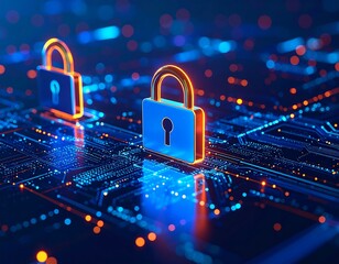 Cybersecurity concept with glowing padlocks