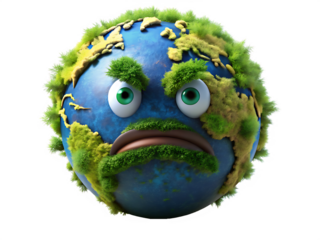 Worried Cartoon Earth Planet with Green Moss and Mustache planet earth face isolated on a transparent background