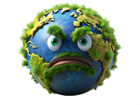Worried Cartoon Earth Planet with Green Moss and Mustache planet earth face isolated on a transparent background - Powered by Adobe