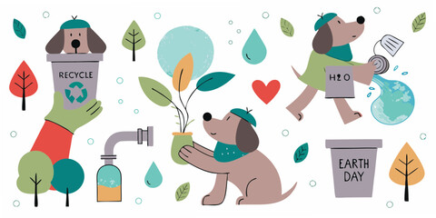 Cartoon dogs illustrating environmental conservation actions