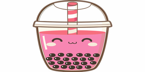 Cute kawaii pink bubble tea drink boba beverage