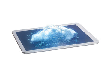 Cloud computing concept showing digital cloud emerging from a tablet screen with network icons on transparent background