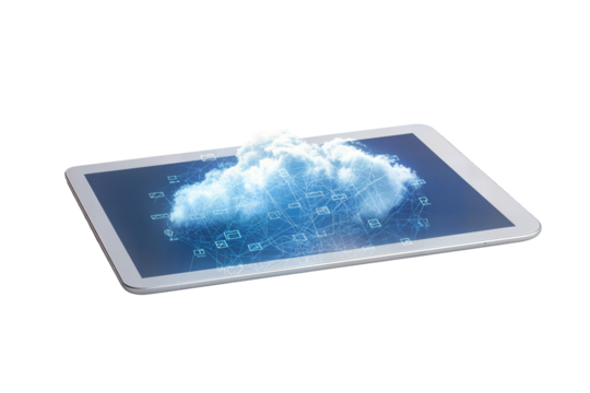 Cloud computing concept showing digital cloud emerging from a tablet screen with network icons on transparent background