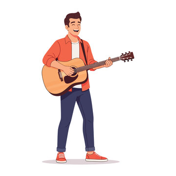 Melody Maker: A happy person strumming an acoustic guitar, immersed in the joy of music and creativity. A vibrant portrayal of a musician finding his flow. 