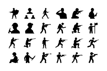 Soldier Silhouettes Vector Icon Set. Military, Soldier, Combat, Rifle, Helmet, Flag, Marching, and More. Editable Stroke. Vector Illustration.