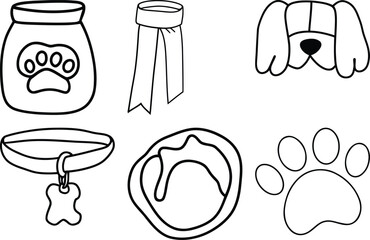 Collection of dog-themed icons featuring food bowl collar paw print and dog face white background