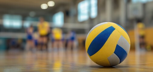 The volleyball resting on the court with players in action in the background.