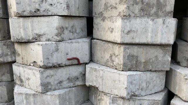 A brown millipede or Trigoniulus corallinus or rusty millipede, on pile of paveers or concrete block paving