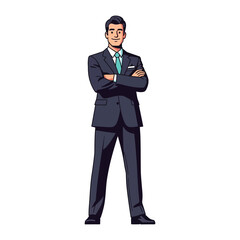 Obraz premium Confident Businessman: A sophisticated man stands tall in a sharp suit with arms crossed, exuding confidence, and embodying business acumen and professional excellence.