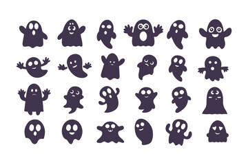 Obraz premium Set of Cute Ghost Icons. Collection of funny and spooky Halloween characters with various emotions and expressions. Flat design cartoon spirit silhouettes Vector illustration