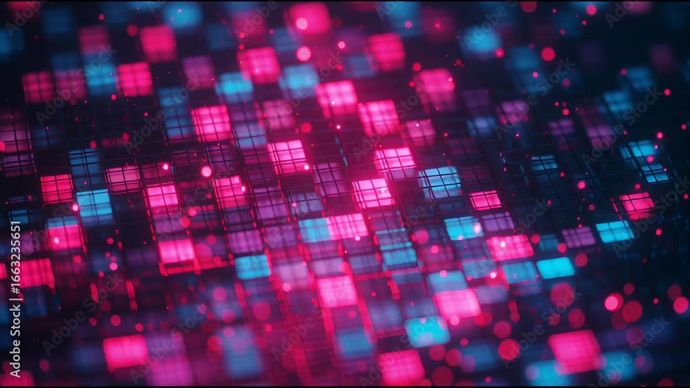 Poster vibrant digital landscape featuring a dynamic pattern of colorful squares and glowing lights in a me