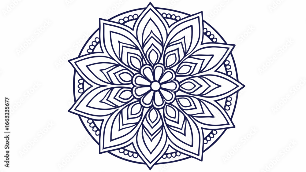 Poster detailed floral mandala with petal patterns and circular border design in blue outline on white back