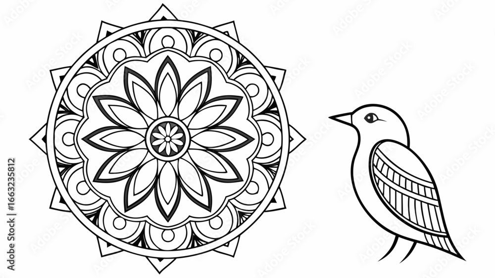 Poster mandala design with floral patterns and a simple bird illustration in black and white outline style 