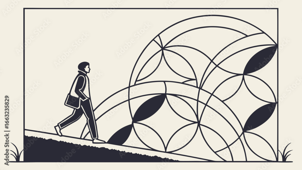 Poster illustration of a person walking uphill with geometric circle design in the background vector art cr