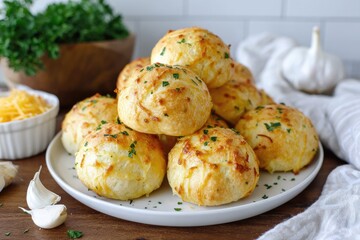Fototapeta premium Stacked cheesy bread rolls on a plate