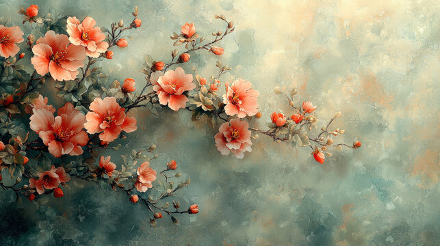 A symphony of delicate floral elements, rendered in a soft, ethereal watercolor wash, adorns a breathtaking background or wallpaper design. This captivating botanical artwork could also serve 