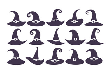 Witch Hat Silhouette Collection. Set of various spooky and magical pointed hats for Halloween. Vector wizard and sorceress cap icons isolated on white background.