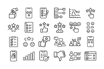 Survey Vector Icon Set. Poll, Rating, Feedback, Checklists, Stars, Voting, Graph, Thumbs Up, Thumbs Down, Users, and More. Editable Stroke. Vector Illustration.