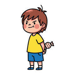 Sweet Secret: A charming cartoon illustration of a young child gleefully concealing a candy, radiating a mischievous air and childlike delight.