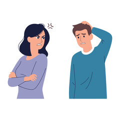 Fototapeta premium Conflict and Confusion: Two figures express frustration, with the woman displaying anger and the man exhibiting confusion, highlighting the complexities of disagreement and misunderstanding.