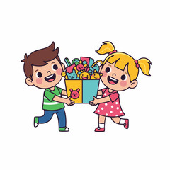Cheerful Cartoon Illustration of Happy Children Holding a Toy Box