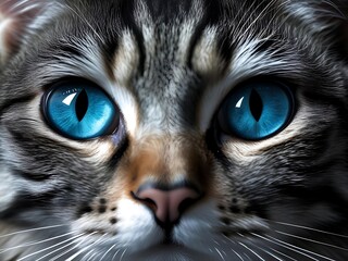 A mesmerizing close-up portrait of a beautiful domestic tabby cat with stunning, vibrant and piercing sapphire blue eyes