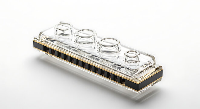 Close up of a clear glass harmonica with black and gold accents on a white background surface ai generated