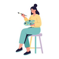 Artist at Work: An illustrator is passionately engaged in the art of painting, sitting gracefully on a stool with a palette and brush in hand, bringing a canvas to life.