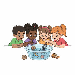 Cartoon Cheerful Children Exploring Floating Object Science Experiment Illustration